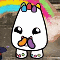 a cartoon drawing of a unicorn with a rainbow in the background .