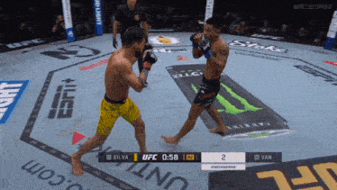 two fighters are fighting in a ufc ring with a monster energy drink advertisement in the background