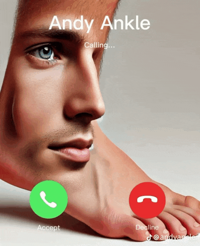 a phone screen shows a man 's face and a foot talking to andy ankle
