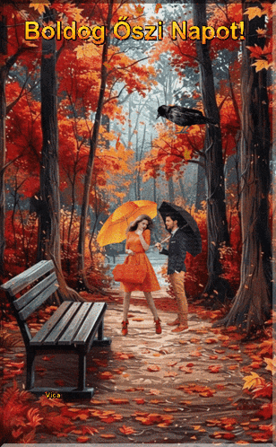 a painting of a man holding an umbrella and a woman holding an orange umbrella with boldog oszi napot