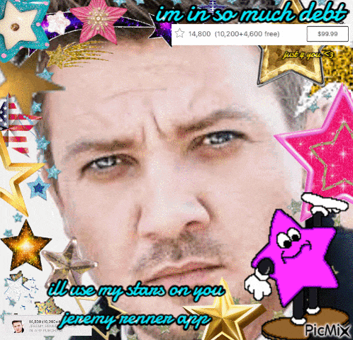 a man 's face is surrounded by stars and the words im in so much debt