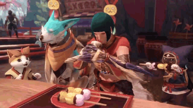 a woman and a dog are standing around a table with a plate of food