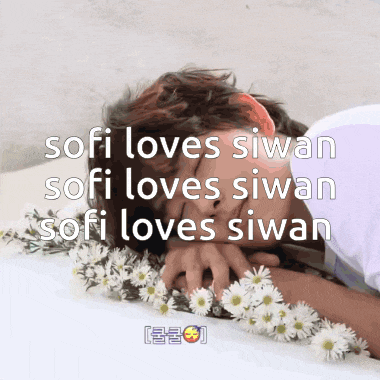 a man laying on a bed with flowers around his neck and the words " sofi loves siwan " written above him