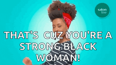 a woman with a red bandana on her head says that 's cuz you 're a strong black woman ..