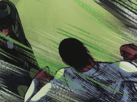a drawing of a man in a blue shirt with a green background