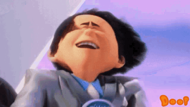 a cartoon character is laughing with the word doof in orange