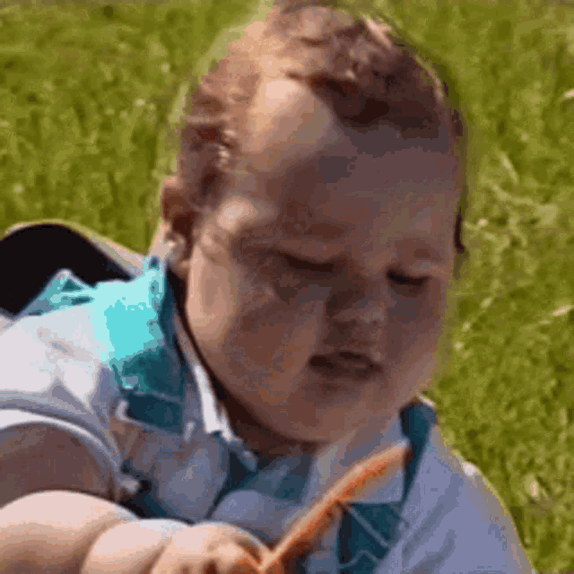 a baby is sitting in the grass holding a carrot in his hands .