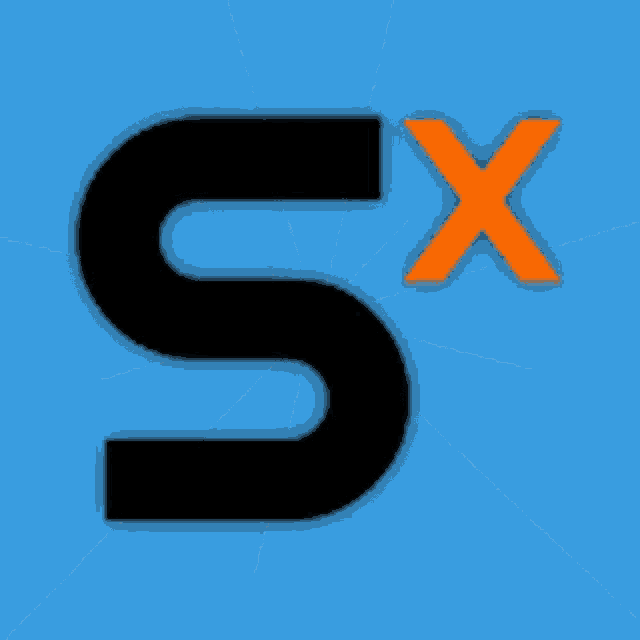 a black letter s with an orange x on a blue and white background