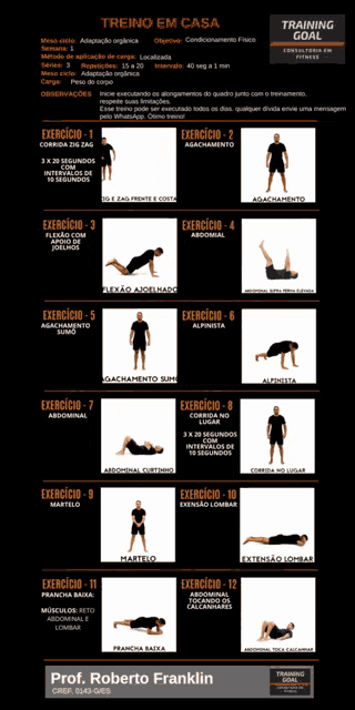 a poster of exercises titled treino em casa by prof roberto franklin
