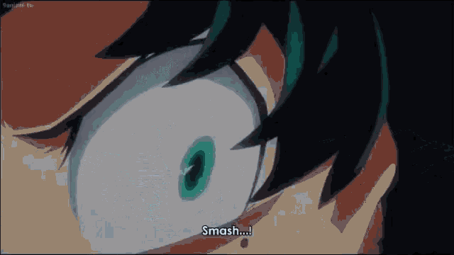 a close up of a person 's face with a green eye and the words `` smash '' .