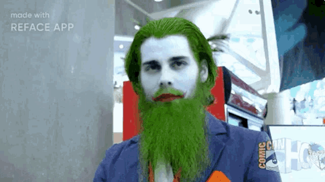 a man in a joker costume with a green beard and white hair