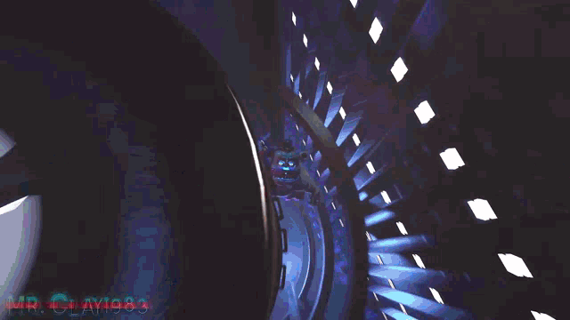 freddy fazbear from five nights at freddy 's is standing in a dark room with glowing eyes .