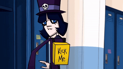 a cartoon character in a top hat holds a yellow box that says kick me