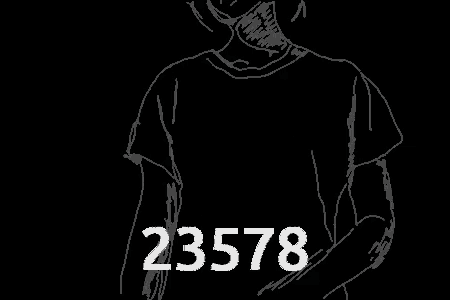 a black and white drawing of a person with the number 23578
