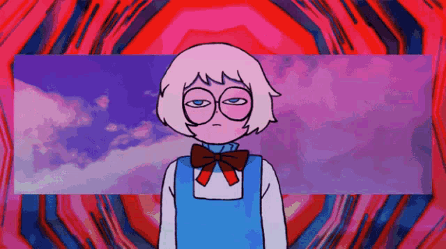 a cartoon girl with glasses and a bow tie is standing in front of a red circle .