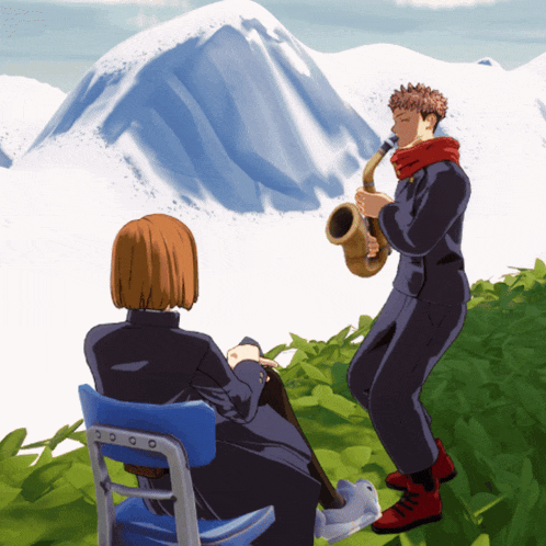 a man playing a saxophone while a woman sits in a blue chair