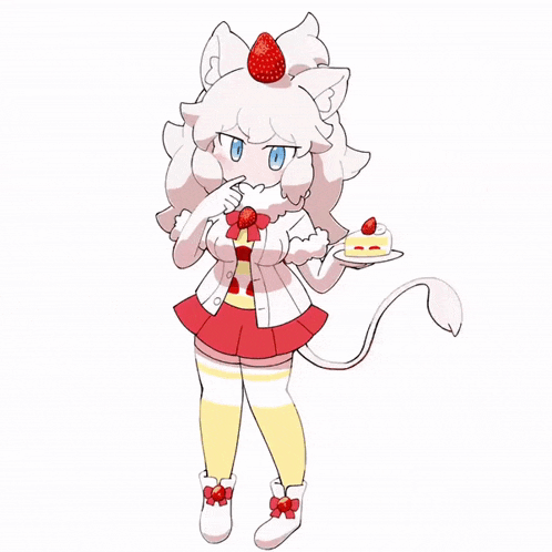 a drawing of a cat with a strawberry on her head holding a piece of cake