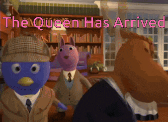the queen has arrived is written on a poster with cartoon characters
