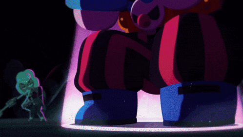 a cartoon character is standing next to a purple object