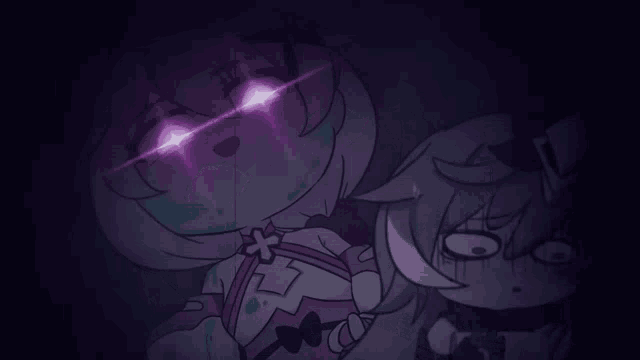 a couple of cartoon characters with purple eyes