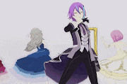 a close up of a anime character with purple hair