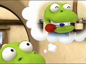 a cartoon of a frog brushing his teeth with a toothbrush