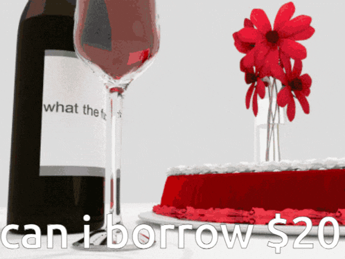 a bottle of wine next to a glass and a cake with the words " can i borrow $ 20 "