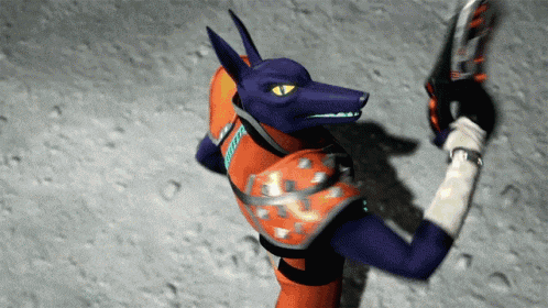a cartoon character with a purple and orange outfit holding a gun