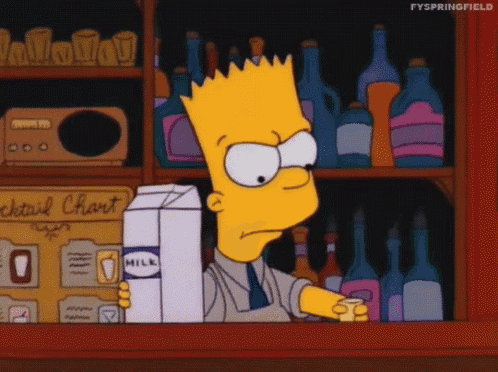 bart simpson is standing behind a bar holding a milk carton