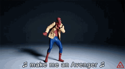 a spider-man action figure is dancing with the words make me an avenger behind him