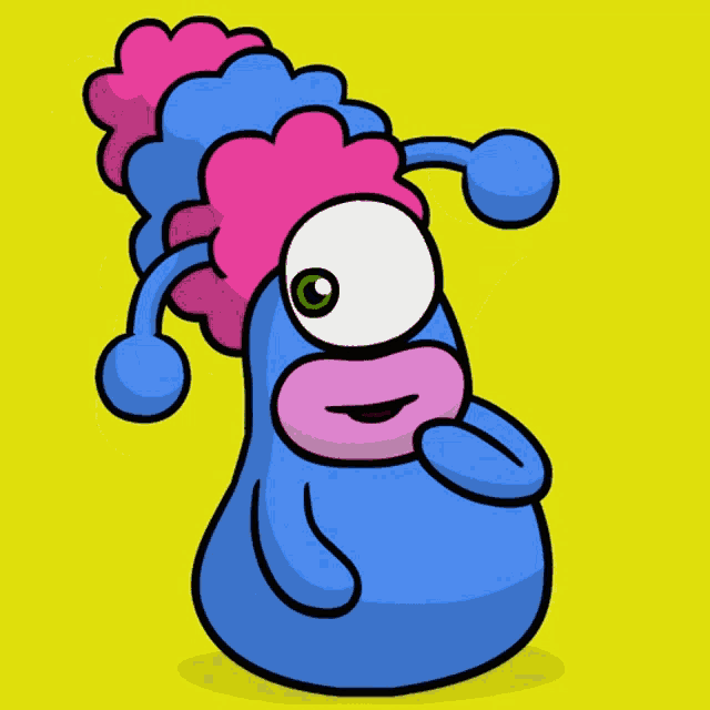 a blue cartoon character with a pink and blue hat