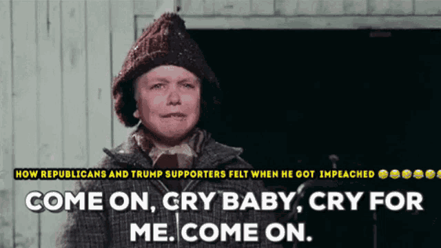 a crying little boy with the words come on cry baby cry for me come on behind him