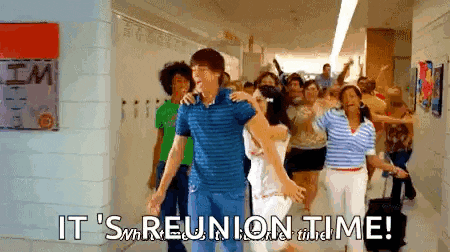 a group of people are walking down a hallway with the words `` it 's reunion time '' written above them .