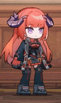 a cartoon girl with red hair and purple eyes is standing in a room .