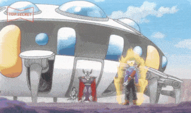 a cartoon of a man standing in front of a space ship with the word top secret on it
