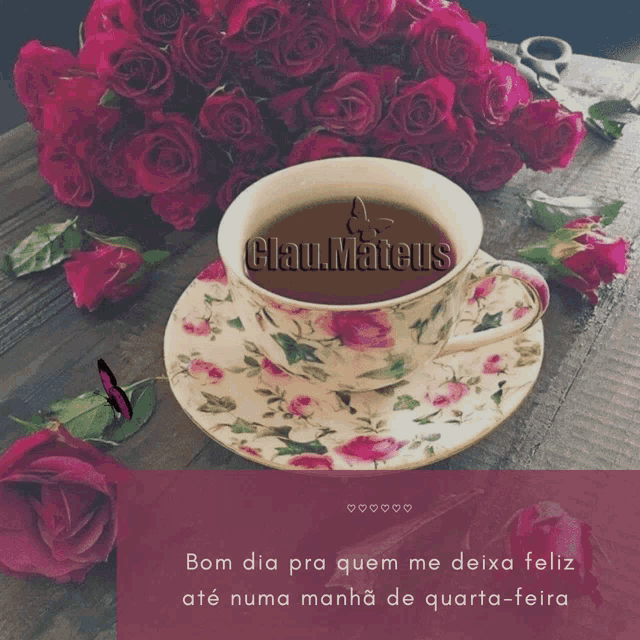 a cup of coffee sits on a saucer next to a bunch of roses