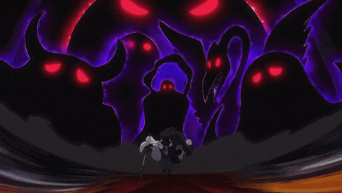 a group of demons with red eyes and horns
