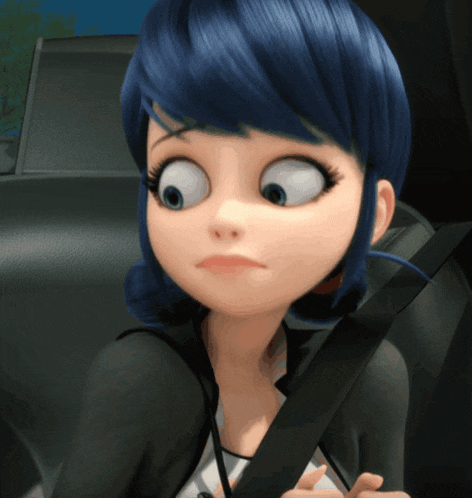 a cartoon girl with blue hair is sitting in a car