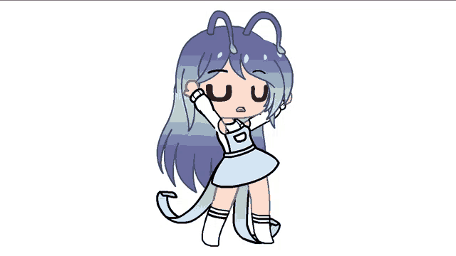 a drawing of a girl with blue hair and a white shirt with the letter d on it