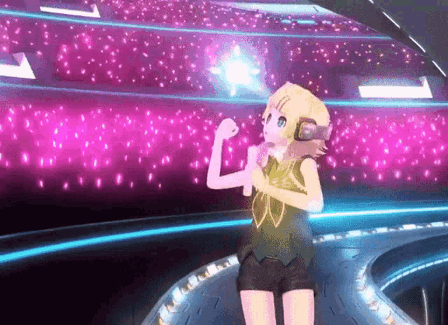a girl in a green shirt and shorts is standing in front of a stadium full of pink lights .