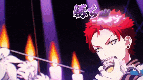 a red haired anime character is holding a candle in his hand .