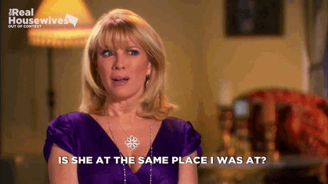 a woman in a purple dress is asking if she is at the same place she was at