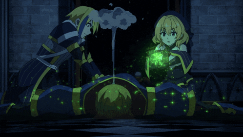a couple of anime characters standing next to each other with green lights coming out of their mouths