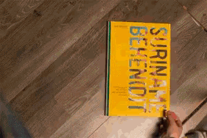 a person is holding a yellow book that says suriname believe not