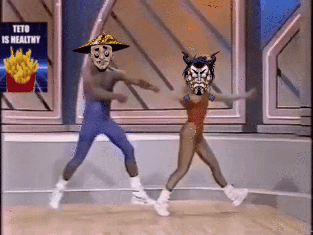 two people are dancing in front of a poster that says teto is healthy