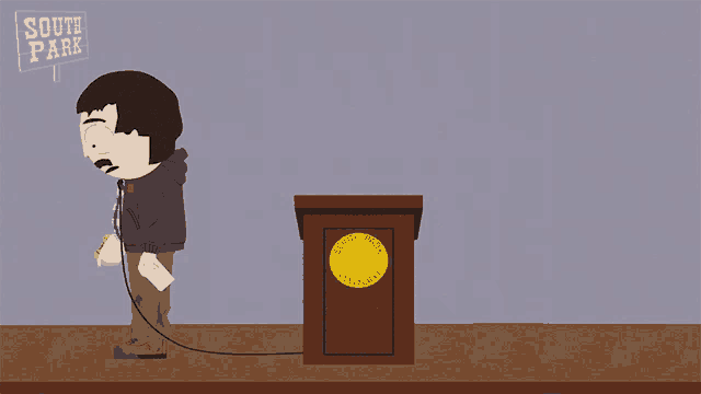 a cartoon of a man standing next to a podium that says south park
