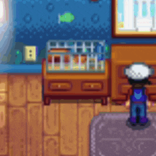 a pixel art of a boy standing in a room with a dresser and a fish tank .