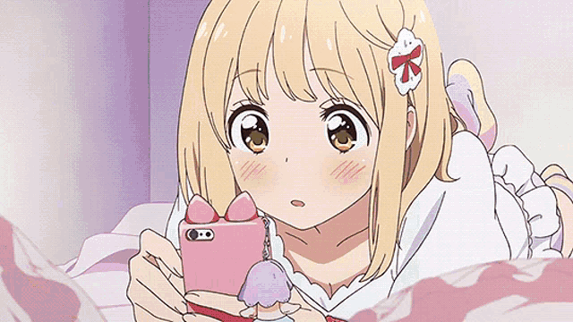a cartoon character looking at a cell phone