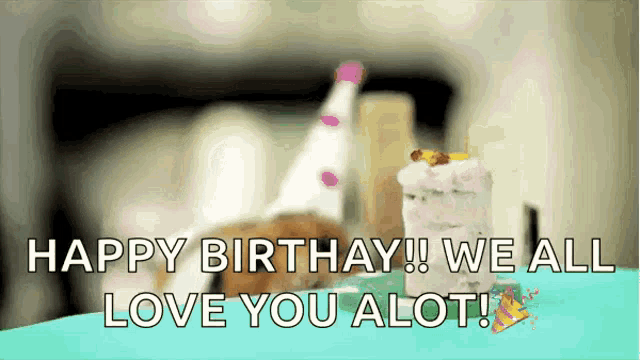 a happy birthday greeting card with a cat wearing a party hat