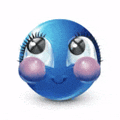 a blue smiley face with big eyes and pink cheeks is smiling on a white background .